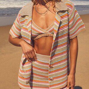 Casual Women's Short-Sleeved Open Button Down Striped sweater, top & skirt set